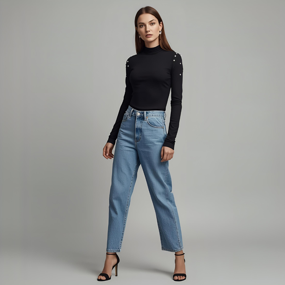 NOIRELLE | Black Turtleneck with Long Sleeves and Pearl Accents