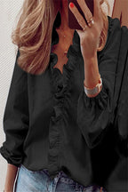 Ruffled Long Sleeve V-Neck Blouse