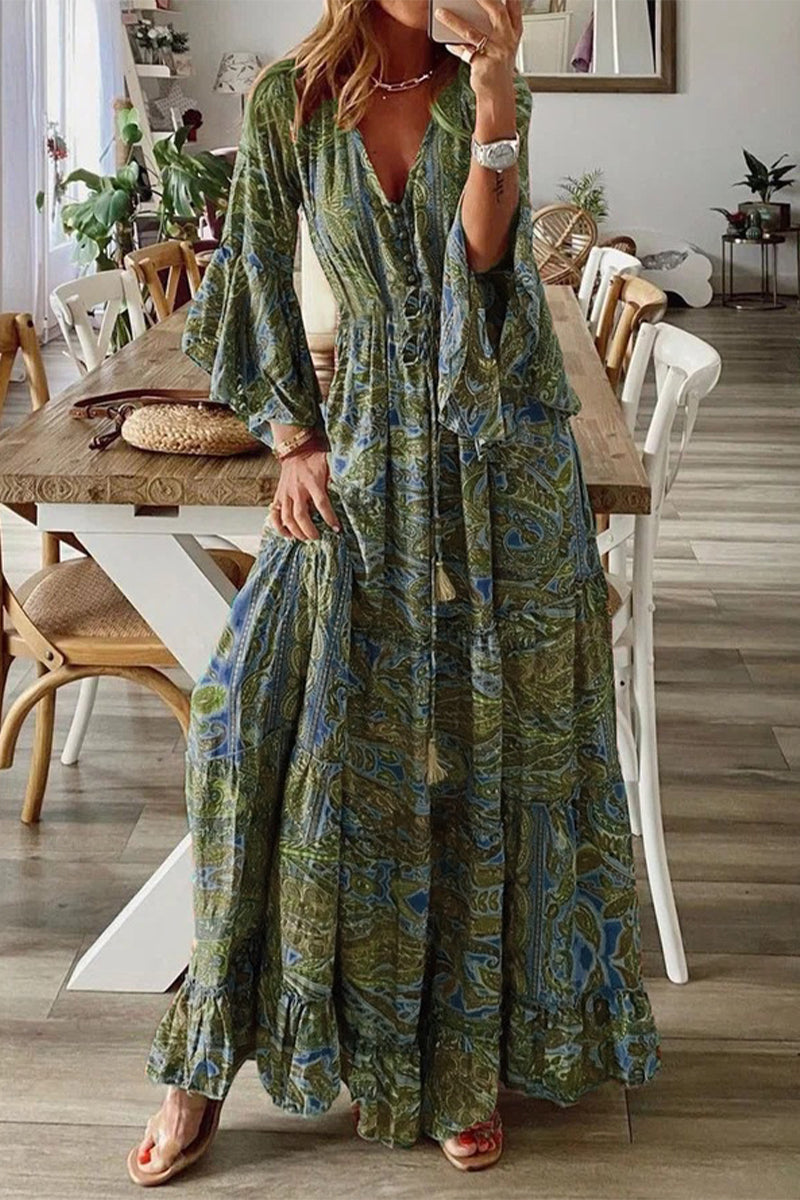 Bohemian V-Neck Dress with Flared Trumpet Sleeves