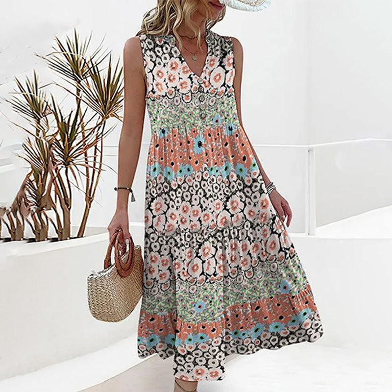 Stylish Floral Print Sleeveless V-Neck Summer Dress