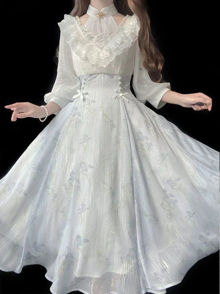 Elegantly Crafted Midi Dress in Belle Époque Style