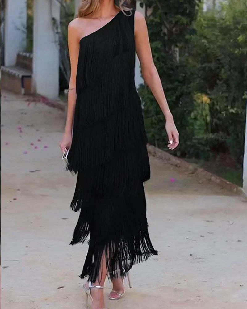 Stylish Open-Shoulder Fringe Dress