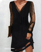 Deep V-Neck Cocktail Dress with Glitter Sleeves