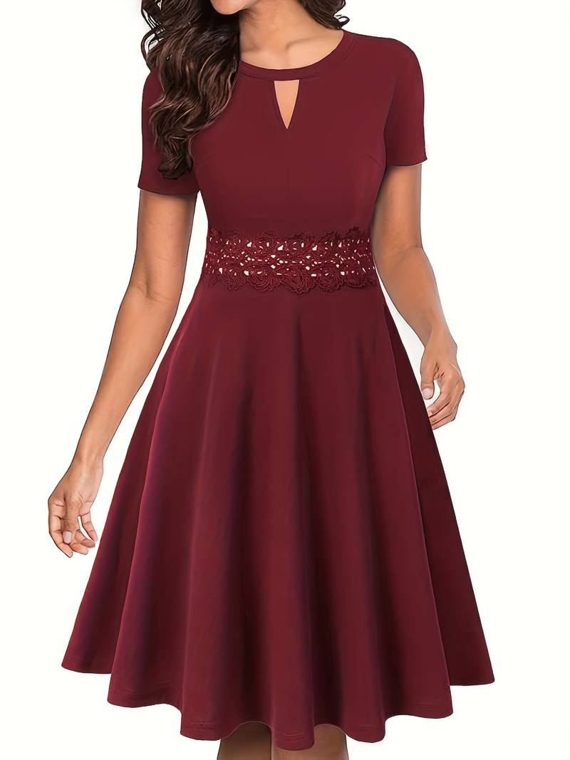 Blue Dress with Elegant Lace Accents and Tailored Waist