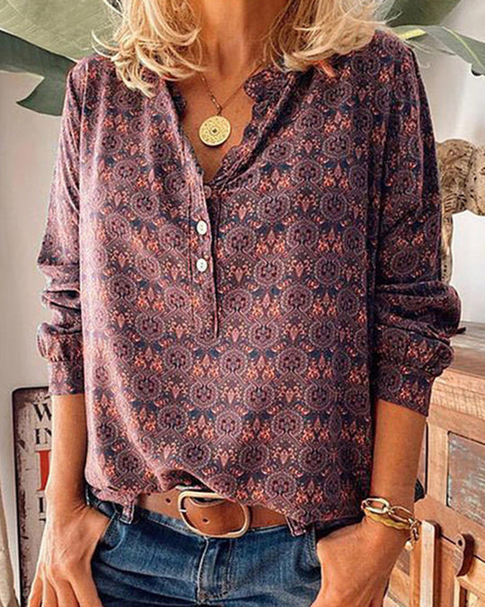 Retro-Inspired Long Sleeve Blouse with Vintage Print