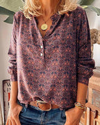 Retro-Inspired Long Sleeve Blouse with Vintage Print