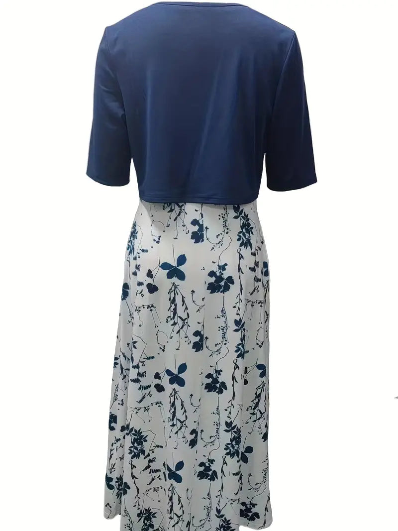 Stylish Two-Piece Floral Dress Set with Solid Crop Top and Round Neckline