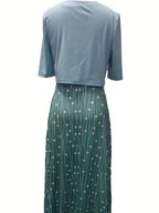 Stylish Two-Piece Floral Dress Set with Solid Crop Top and Round Neckline