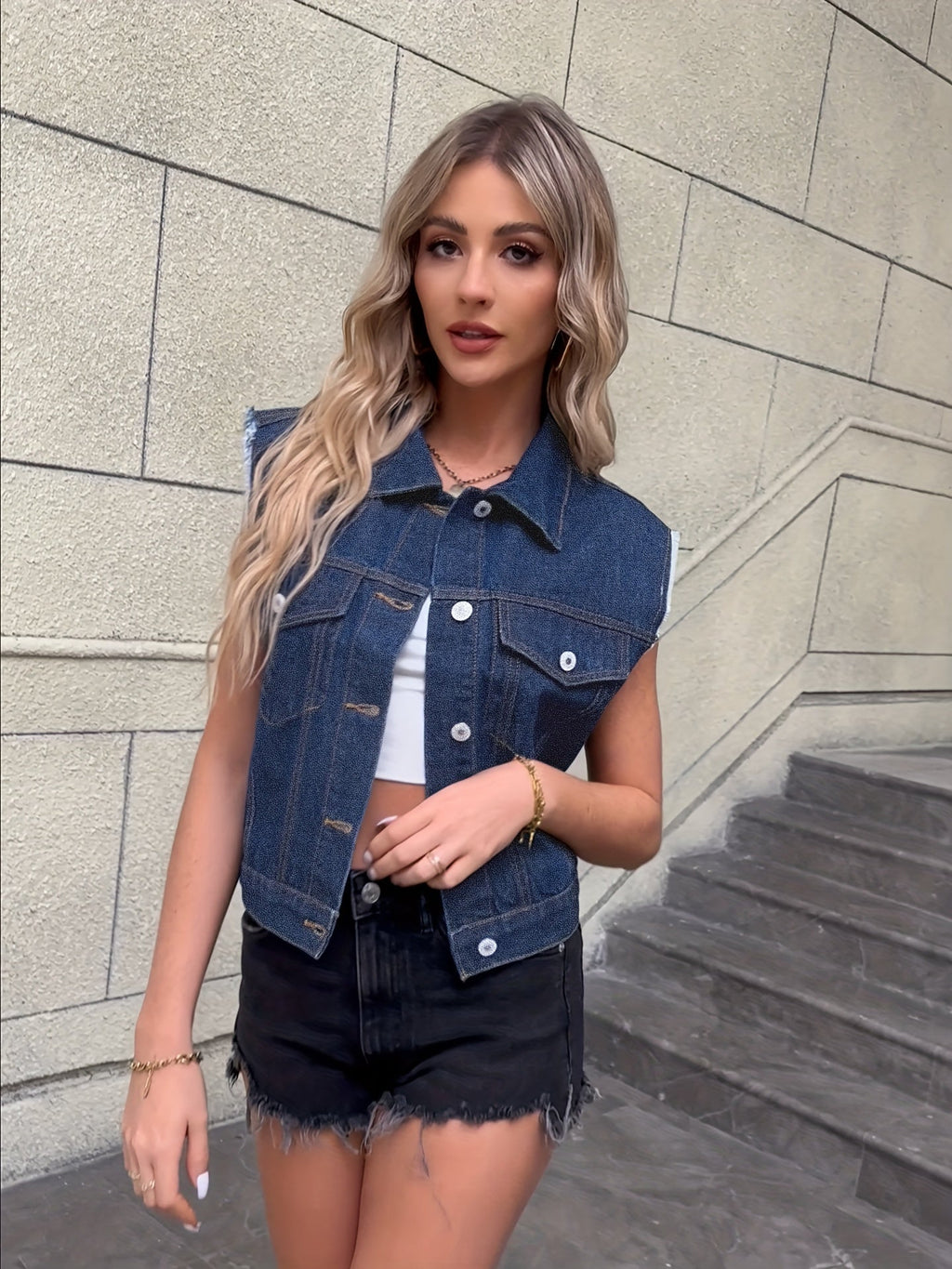 Johanna - Sleeveless Denim Jacket with Flap Pockets