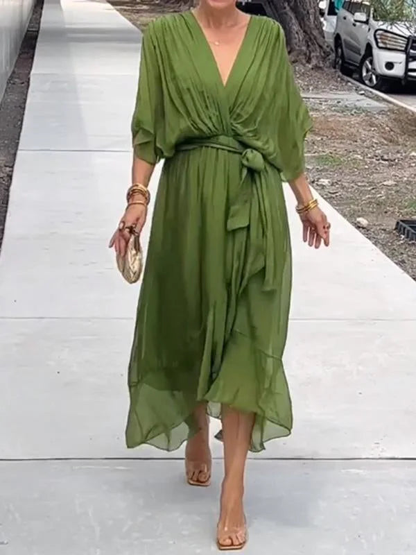 Summer V-Neck Chiffon Dress for Women in Green