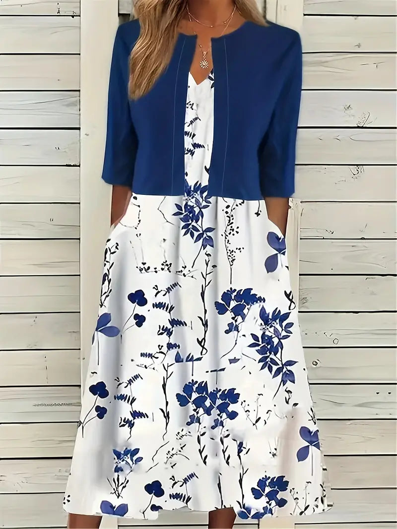 Stylish Two-Piece Floral Dress Set with Solid Crop Top and Round Neckline