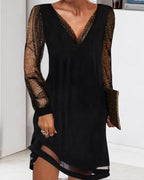 Deep V-Neck Cocktail Dress with Glitter Sleeves