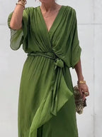 Summer V-Neck Chiffon Dress for Women in Green