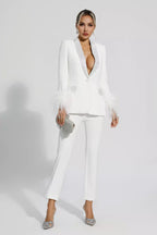 Feather-Accented Blazer Set Adorned with Diamonds