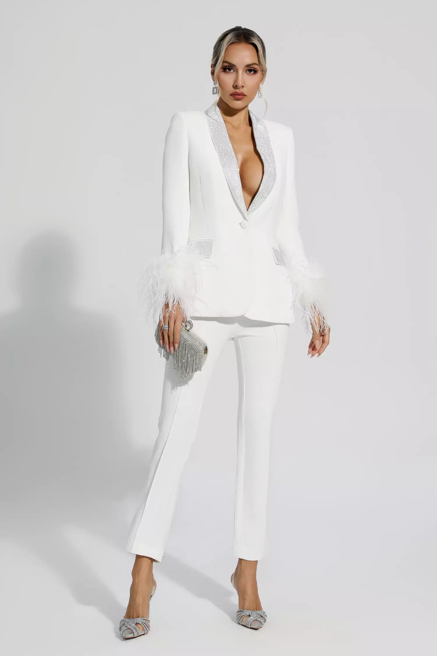 Feather-Accented Blazer Set Adorned with Diamonds