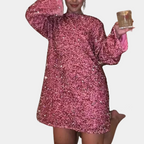 Women's Short Sequin Dress with Round Neck