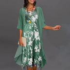 Elegant Floral Print Dress with Three-Quarter Sleeves