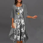 Elegant Floral Print Dress with Three-Quarter Sleeves