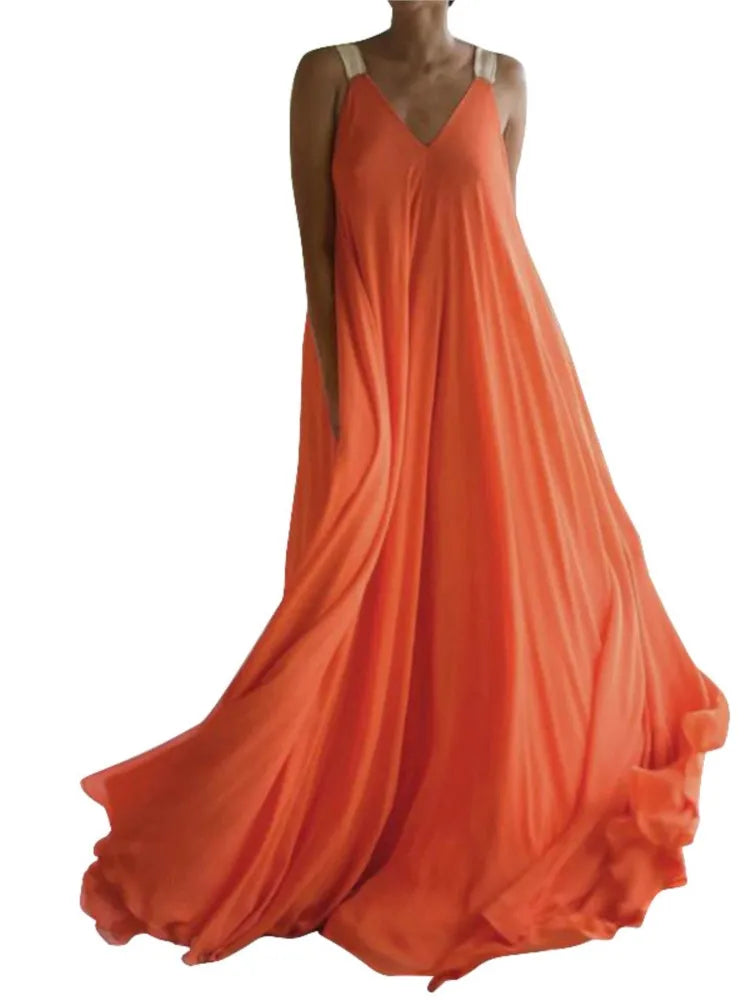 Chloë - Women's Summer Boho Maxi Dress, Sleeveless V-Neck, Solid Color, Relaxed Fit