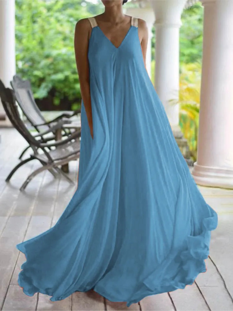 Chloë - Women's Summer Boho Maxi Dress, Sleeveless V-Neck, Solid Color, Relaxed Fit
