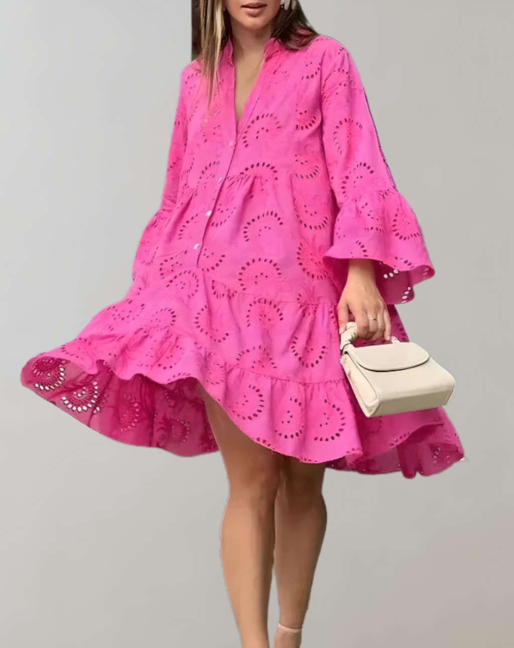 Chic V-Neck Embroidered Dress with Bell Sleeves for Effortless Comfort