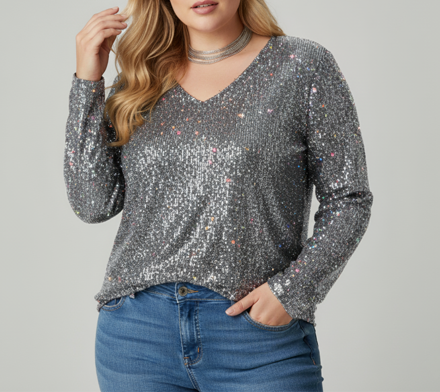 Chic V-Neck Shimmering Top for Women | Plus Sizes Offered