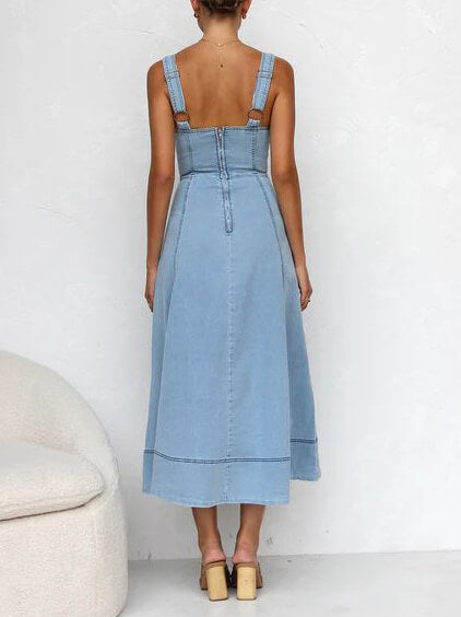 Denim-Strap Casual Midi Dress with Button-Up Detail