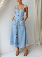 Denim-Strap Casual Midi Dress with Button-Up Detail