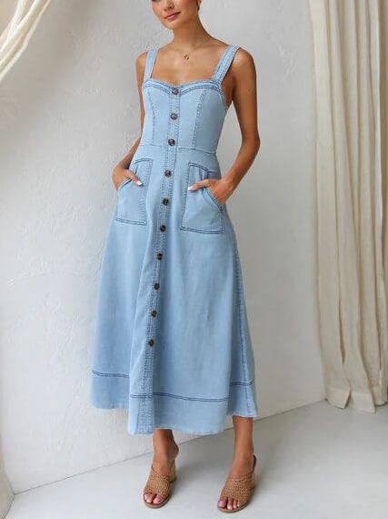 Denim-Strap Casual Midi Dress with Button-Up Detail