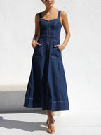 Denim-Strap Casual Midi Dress with Button-Up Detail