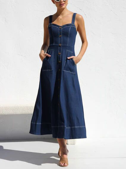 Denim-Strap Casual Midi Dress with Button-Up Detail