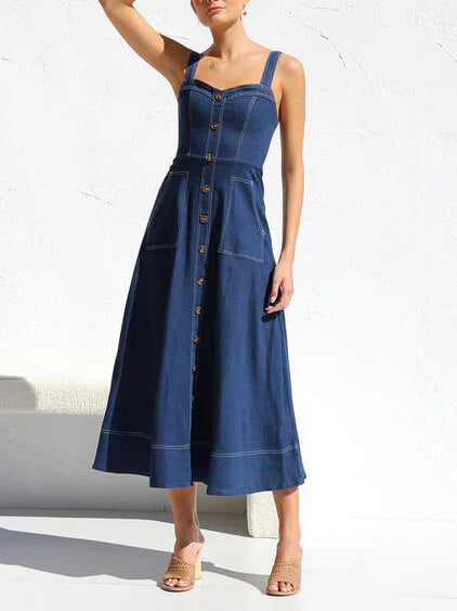Denim-Strap Casual Midi Dress with Button-Up Detail