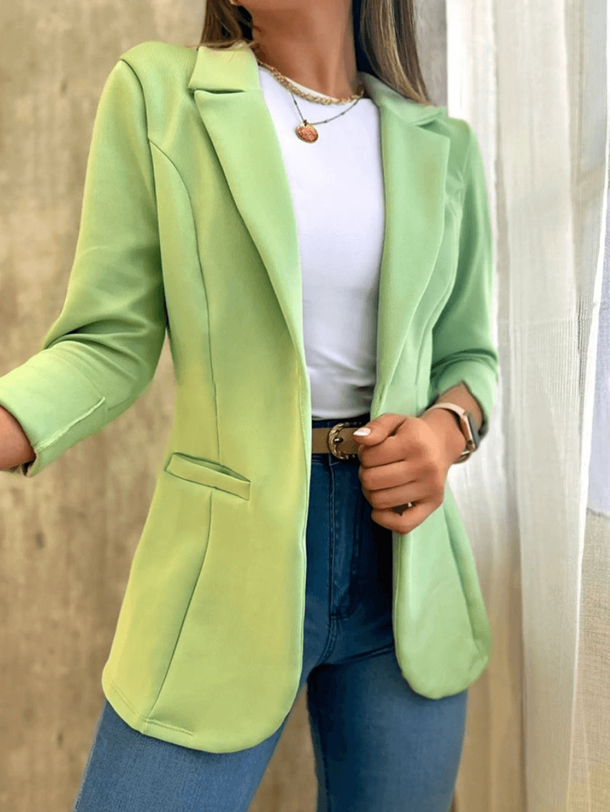 Sleek Women's Solid Blazer with Pockets, Lapel Collar, and Long Sleeves