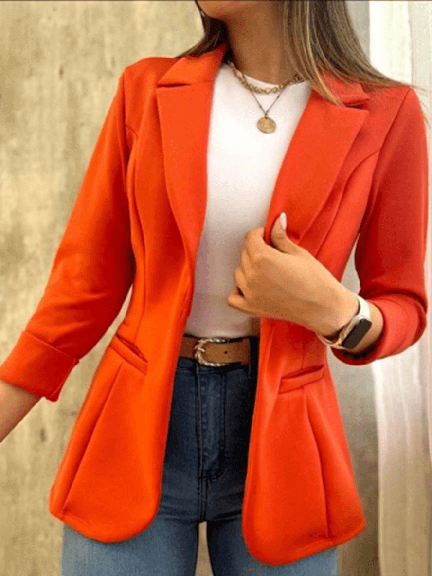 Sleek Women's Solid Blazer with Pockets, Lapel Collar, and Long Sleeves