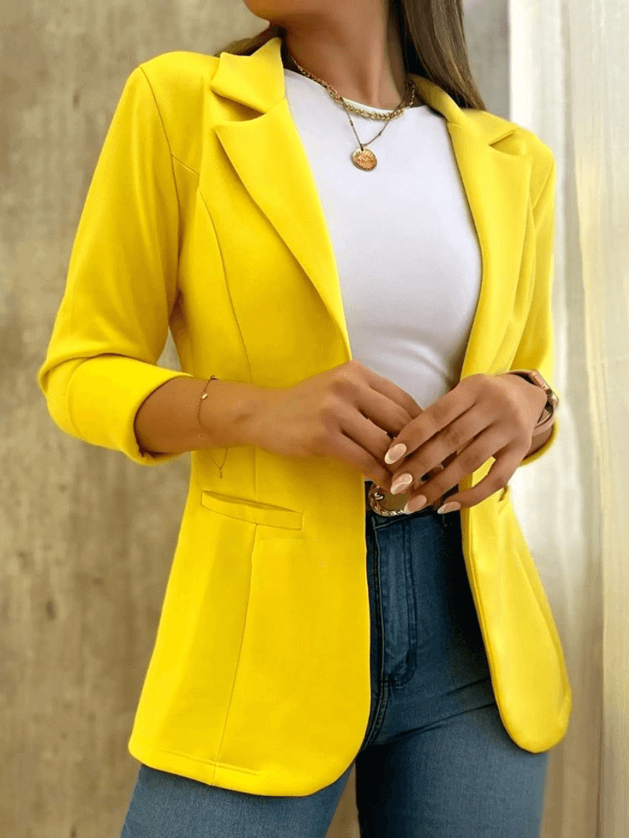 Sleek Women's Solid Blazer with Pockets, Lapel Collar, and Long Sleeves