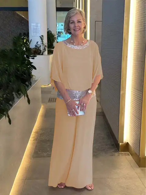 Elegant Evening Outfit: Glittering Top & Palazzo Pants