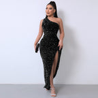 Elegant One-Shoulder Sequin Gown with High Slit