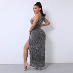 Elegant One-Shoulder Sequin Gown with High Slit