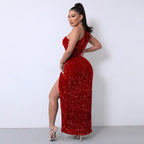 Elegant One-Shoulder Sequin Gown with High Slit