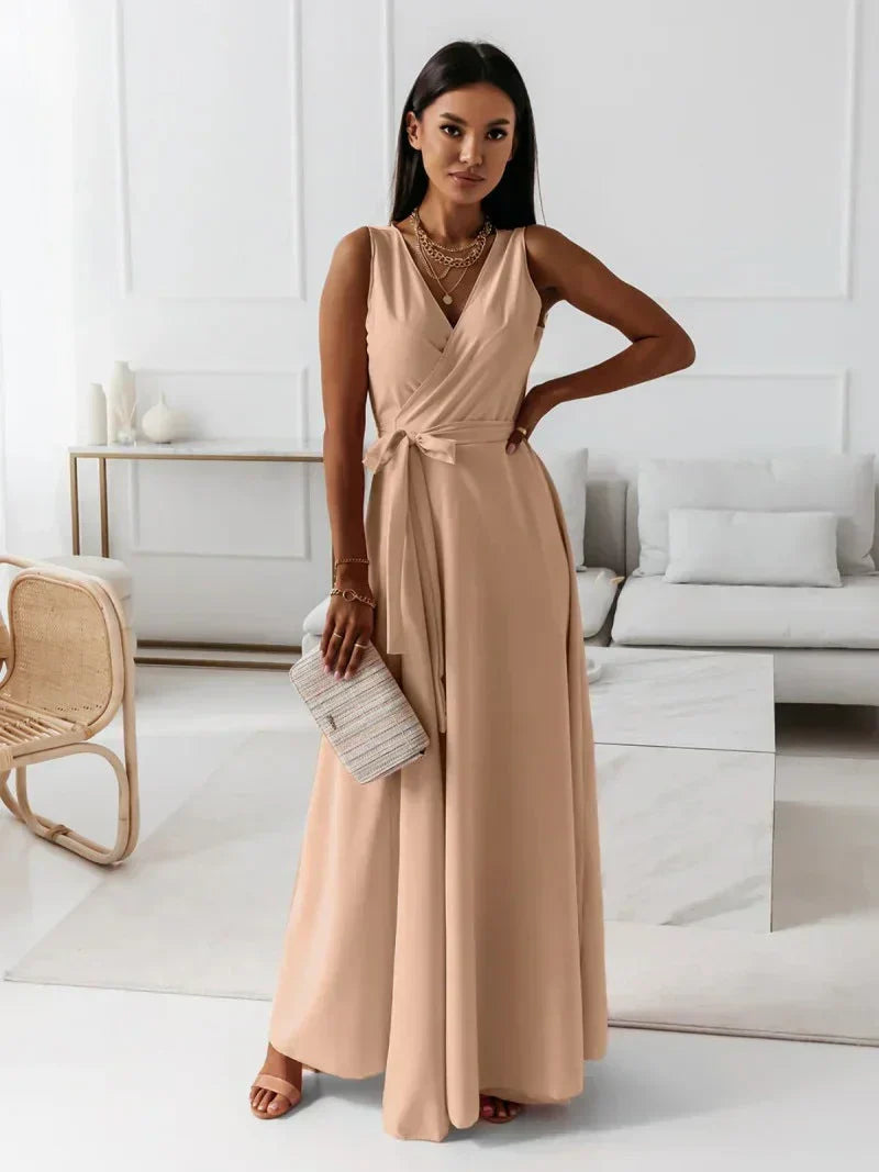 Solid Color V-Neck Maxi Dress for Women