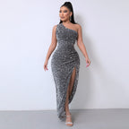 Elegant One-Shoulder Sequin Gown with High Slit