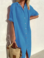 Stylish Women's Casual Dress with Wide Sleeves and Button Accents, Made from Cotton and Linen