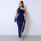 Elegant One-Shoulder Sequin Gown with High Slit