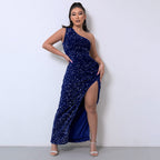 Elegant One-Shoulder Sequin Gown with High Slit