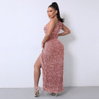 Elegant One-Shoulder Sequin Gown with High Slit