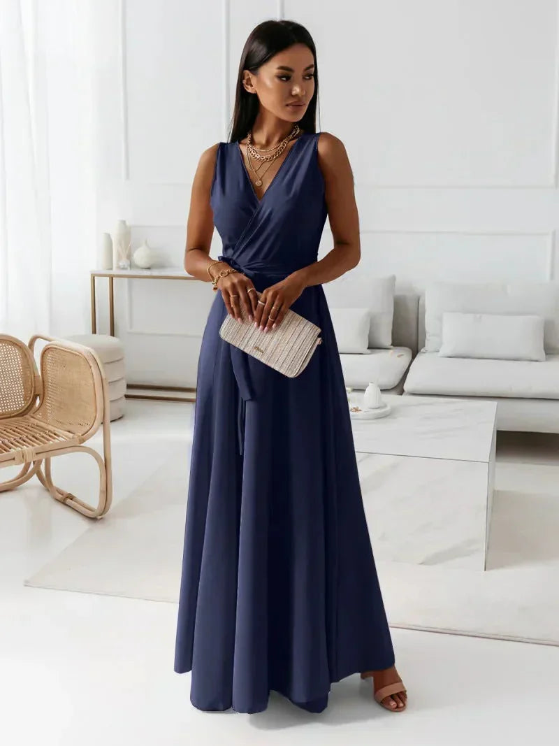 Solid Color V-Neck Maxi Dress for Women