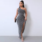Elegant One-Shoulder Sequin Gown with High Slit