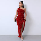 Elegant One-Shoulder Sequin Gown with High Slit