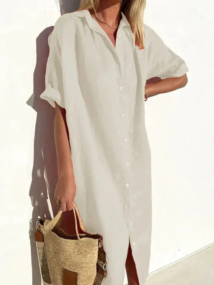 Stylish Women's Casual Dress with Wide Sleeves and Button Accents, Made from Cotton and Linen