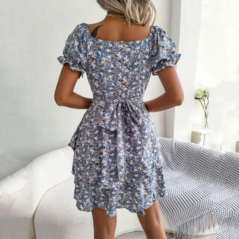 Square Neck Floral Dress with Puff Sleeves